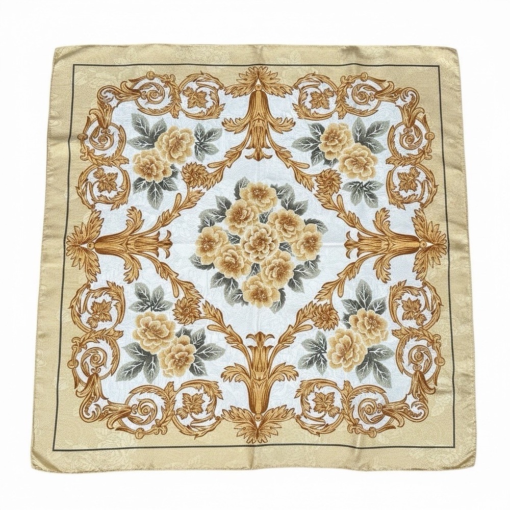 Vintage Baroque Floral Scarf Gold Cream Satin Square Head Neck Wrap
